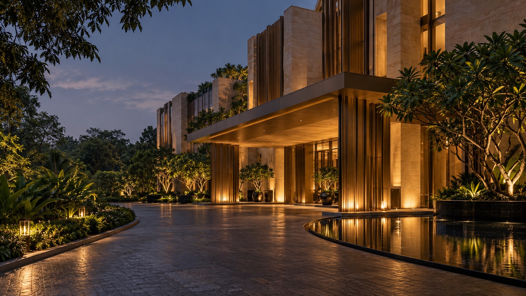 Evening arrival at the hotel, a fictional contemporary hotel presentation